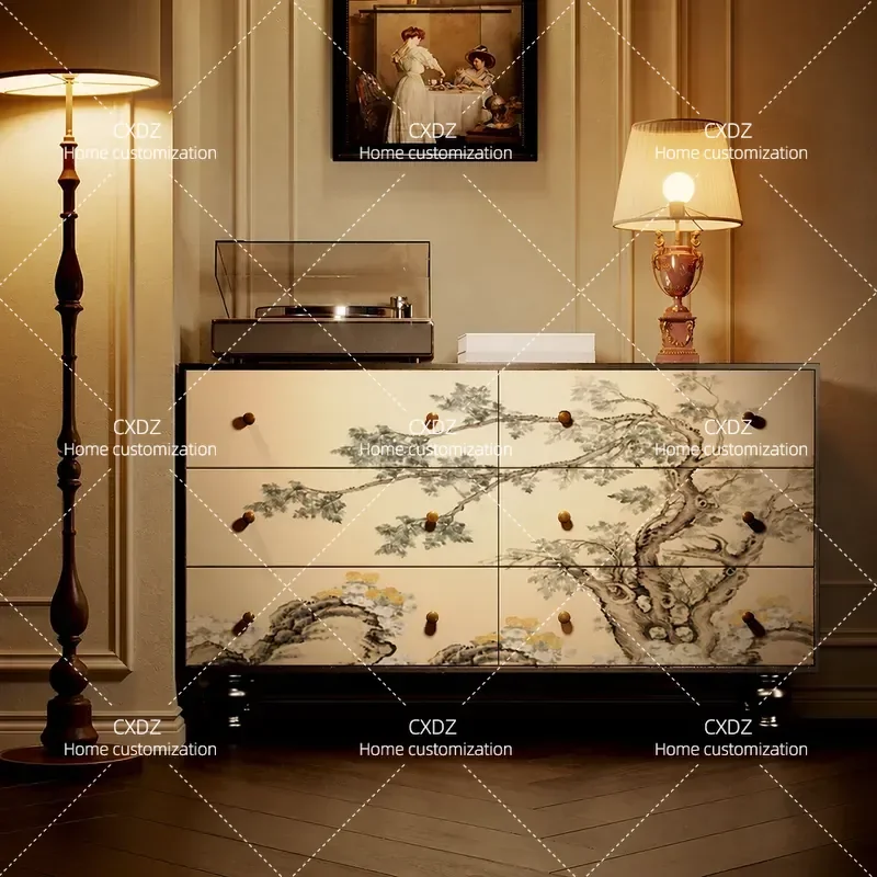 French Chinese style six-chest cabinet, sparrow on the branches, living room sofa side drawer type five-bucket storage