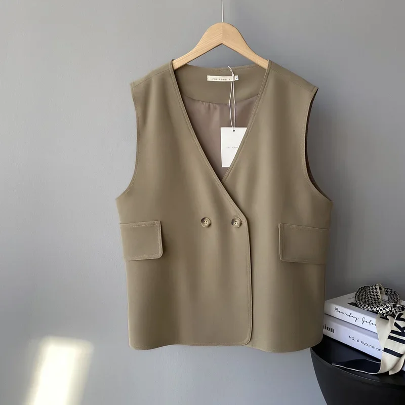 2021 Spring Autumn Winter Women Suit Vest Sleeveless Solid V-neck Suit Jacket Sweet Elegant Casual All Match Female Coat khaki