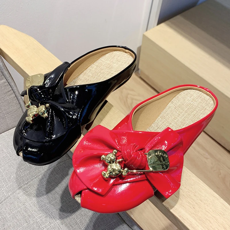 Women Slippers Gold Chain Bear Half Slippers Female Flats Sandals Brand Mullers Plus Size Summer Women Shoes Fashion Bow Slipper