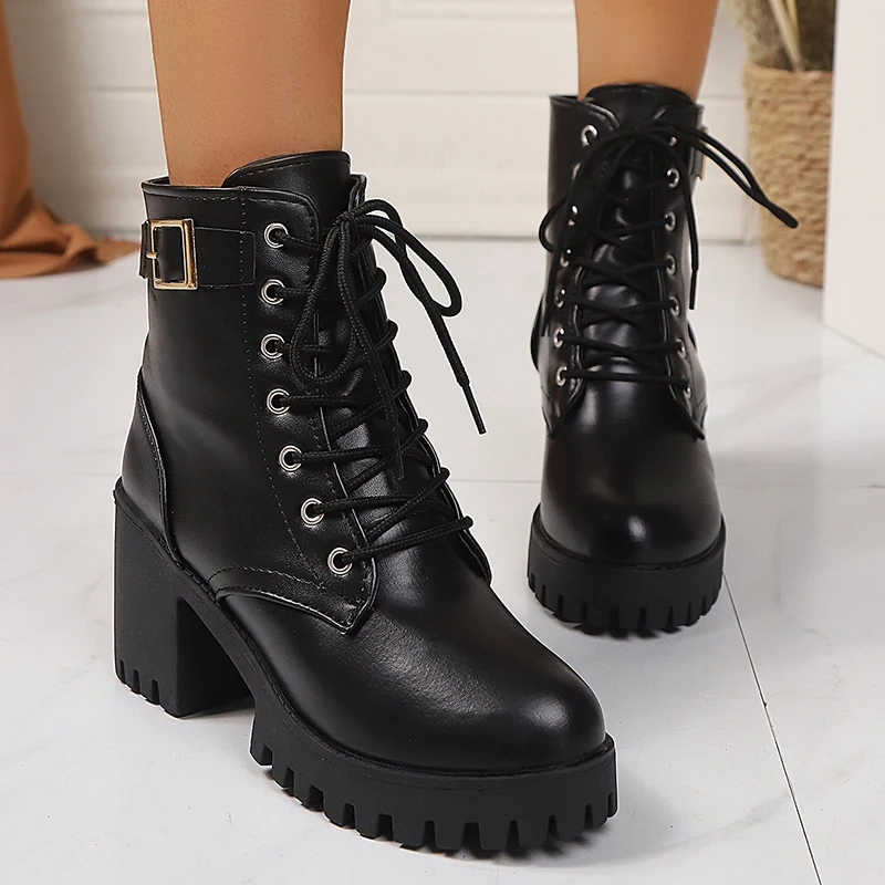 Botines de tacón grueso a la moda para mujer con hebilla de cinturón, botines de plataforma de tacón alto de cuero PU negro, zapatos de Otoño Invierno para mujer
