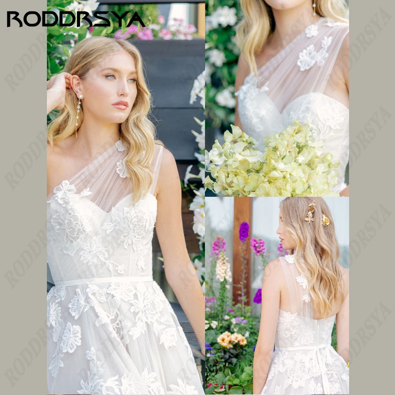 RODDRSYA Boho abito da sposa monospalla senza spalline per donna a-line Tulle Lace Vestido De Noiva Appliques abiti da sposa senza schienaleBoho abito da sposa monospalla senza spalline per donna a-line Tulle Lace Vest