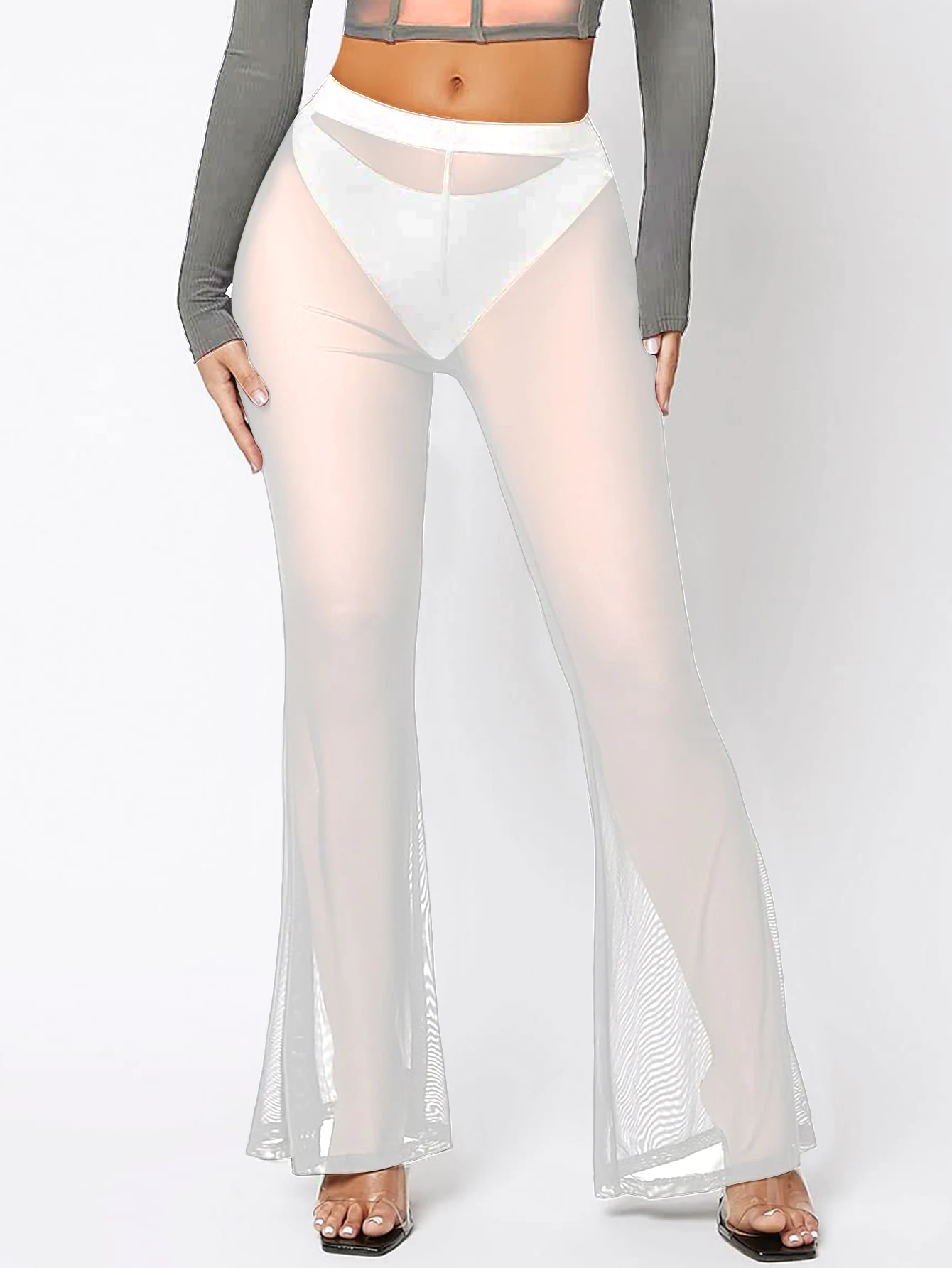Spring And Summer Mesh See Through Slim Fit Flared Pants New Style With Translucent Flesh Fashionable Sexy And Refreshing Pants