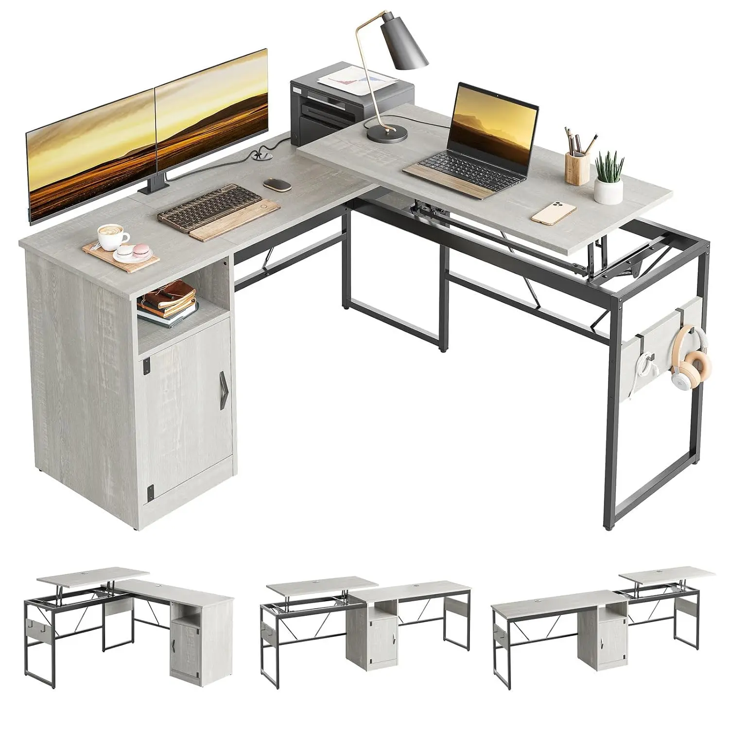 L-Shaped Standing Desk 60-95 Inch Extendable Lift Top Corner Desk With Storage Cabinet & Hooks For Home Office, Customized