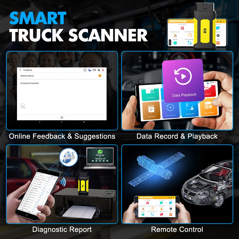 NEXPEAK K2 Heavy Truck Diagnostic Scanner Tool OBD2 VCI Full System Diagnostic Device For Truck Tractor DPF Cluster Calibration