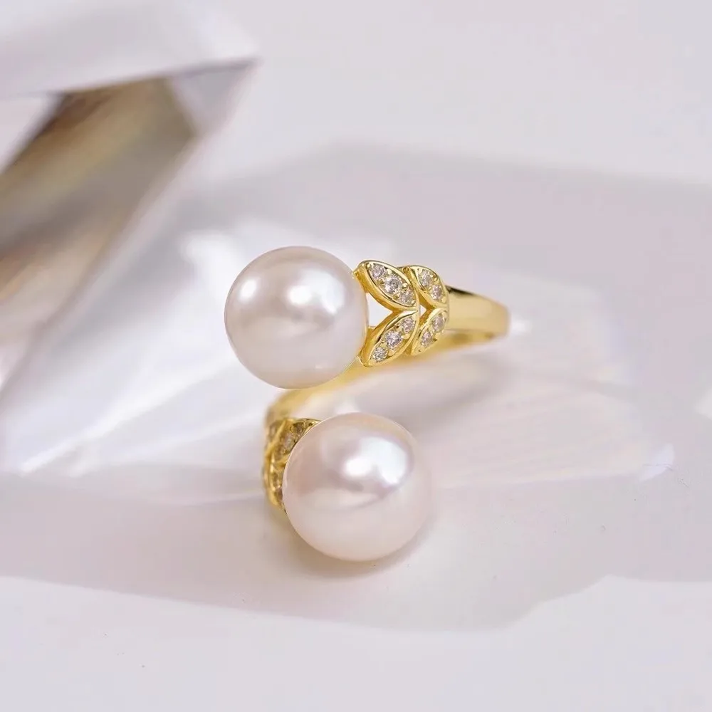 New Double Pearl Ring AAA 9-10m Natural Round Nanhai Pearl Ring 925 s