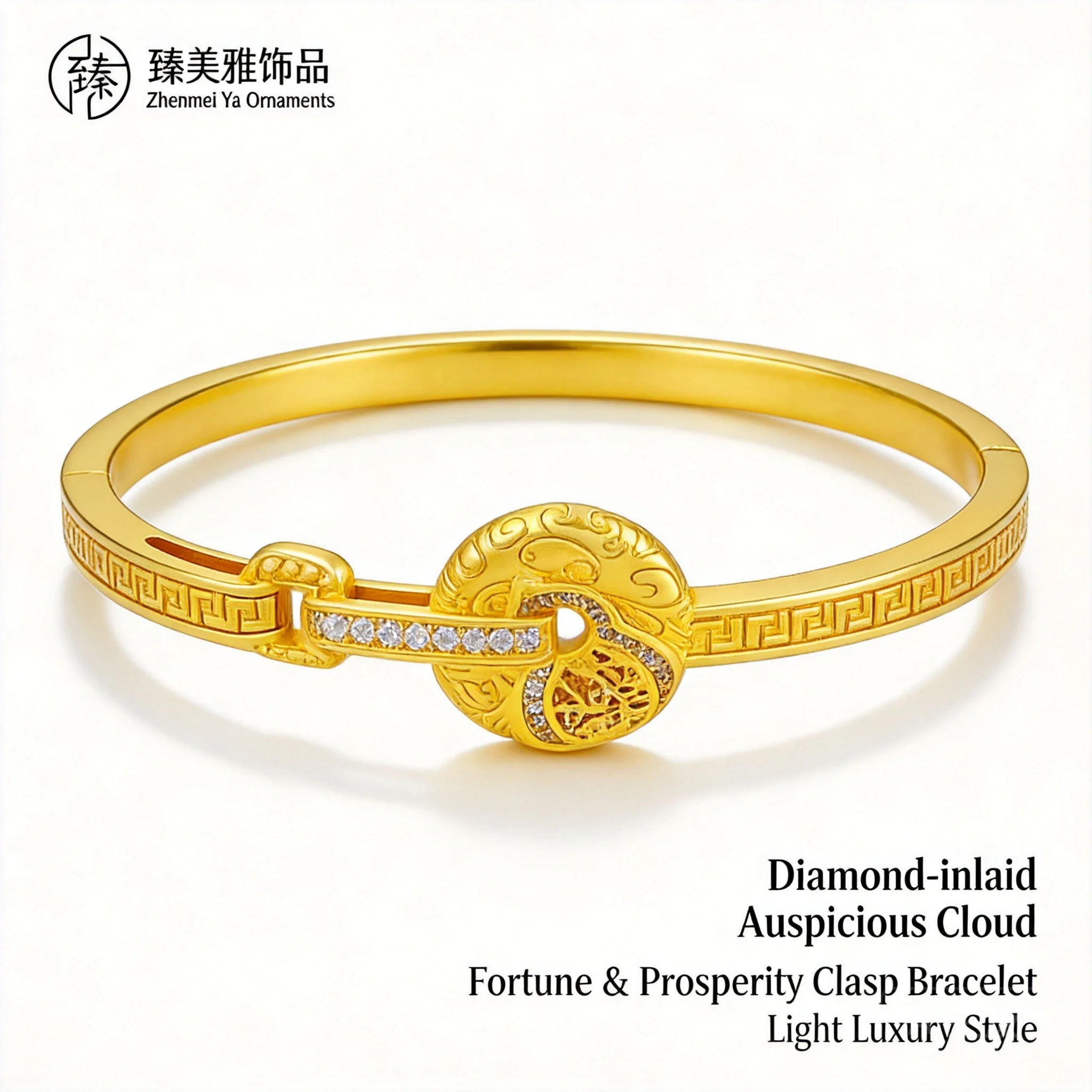 

Chinese Style Vintage Sand Gold Plated Rhinestone Inlaid Hollow Gourd Auspicious Cloud Bangle For Women Lucky Blessing Wealth