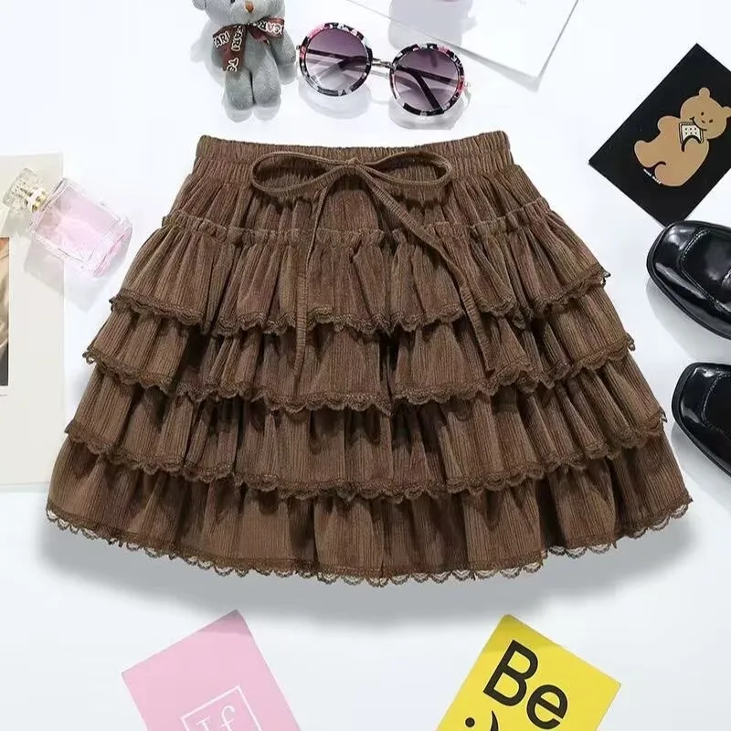 Sweet Lace Patchwork Flounced Edge Skirt Elastic Waist Age Reducing Anti Peeping Tierred Cake Skirt Spring Autumn Women Clothing