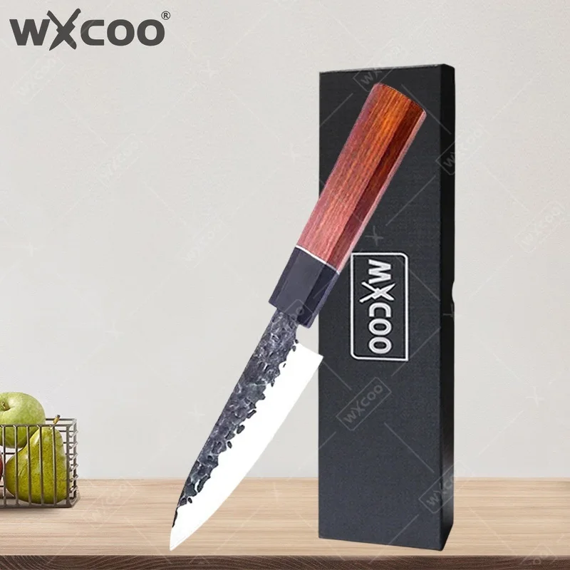WXCOO Japanisches Obstmesser mit Box Edelstahl Küchenmesser Handgeschmiedetes Kochmesser Holzgriff Obstschneidemesser