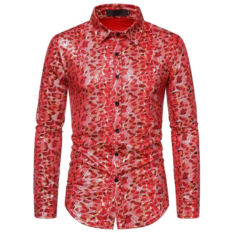 

Mens Red Camouflage Bronzing Dress Shirts Stylish Long Sleeve Button Up Shirt Men 70s Disco Party Christmas Prom Costumes XXL