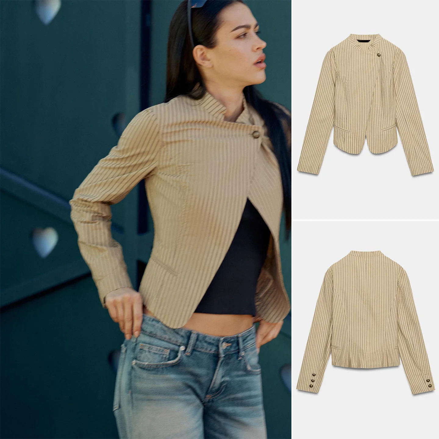 Spring New Women's Long Sleeve round Neck Striped Double Breasted Buttoned Suit Jacket Pocket Decorated Polyester Fiber Short