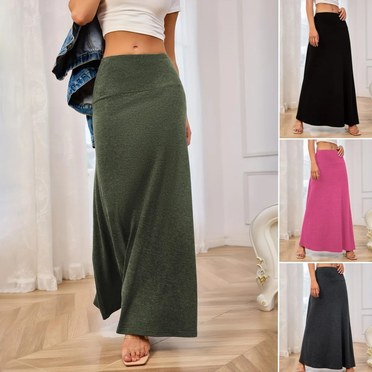 

2025 Women's Temperament style solid color skirt knitted polyester cotton A-line long skirt
