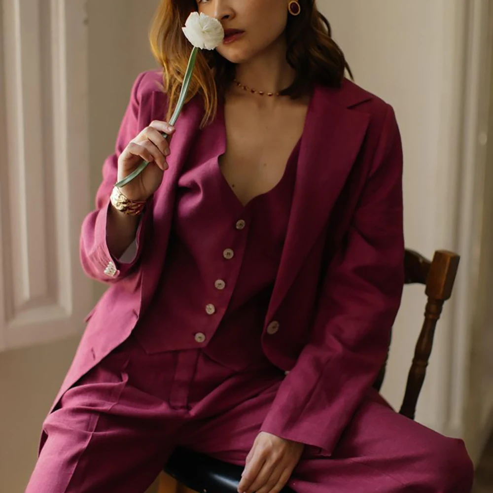 

Slim Fit Women's Suits Linen Three Pieces Pant Sets High-end Single Breasted Notch Lapel Blazer Elegant Evening Party Costume