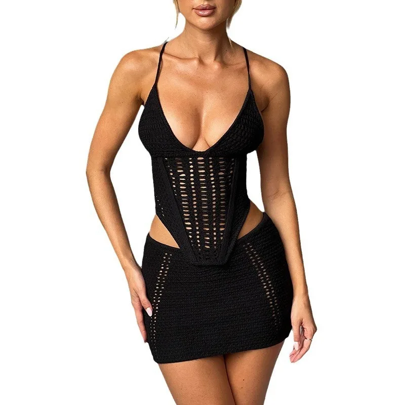 2024 صيف جديد المرأة بلون مثير محبوك بيكيني للشاطئ ملابس السباحة التستر مجموعة الحماية من الشمس