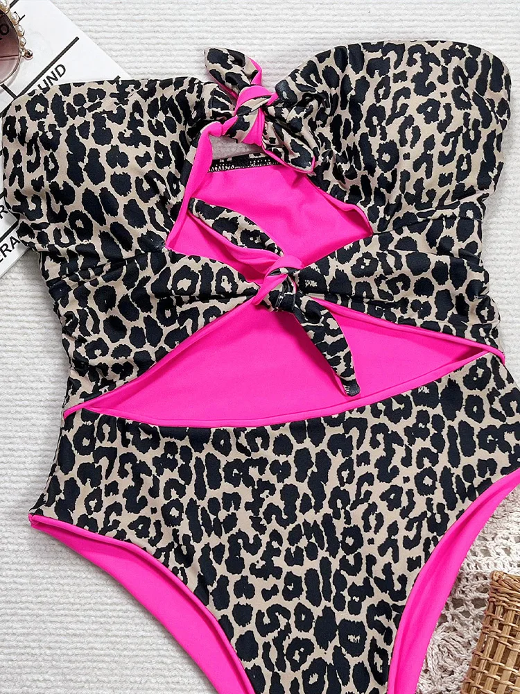 AOTVOTEE, bañador Sexy sin tirantes de leopardo ahuecado de una pieza, Bikinis de playa para mujer, nuevo traje de baño de verano 2025, traje de baño de una pieza
