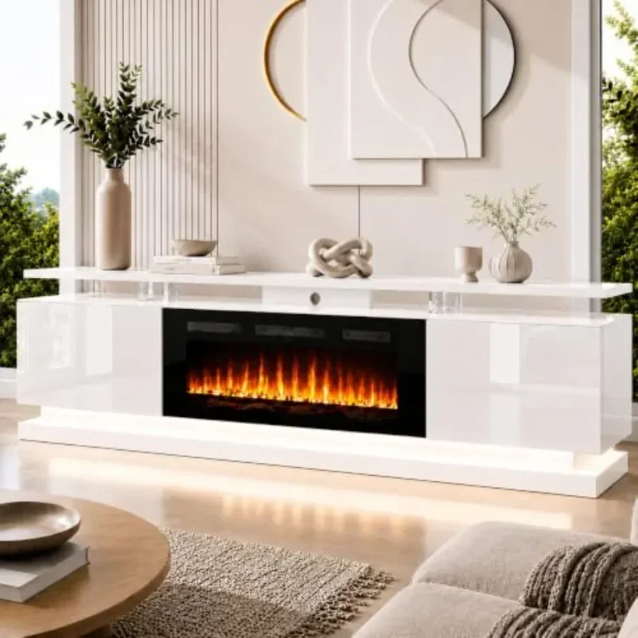 Fireplace TV Stand for TVs up to 80, 70 wide, white and black finish, heat-resistant MDF material, modern living room applicati