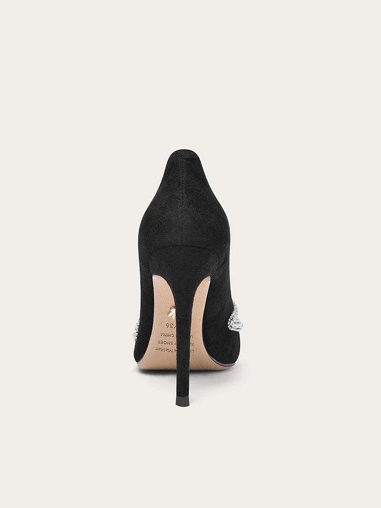 Autumn New Pointed Suede Water Diamond Butterfly Hollow Flat Shoes Banquet Large Size Small Size Stiletto High Heels Women Shoes