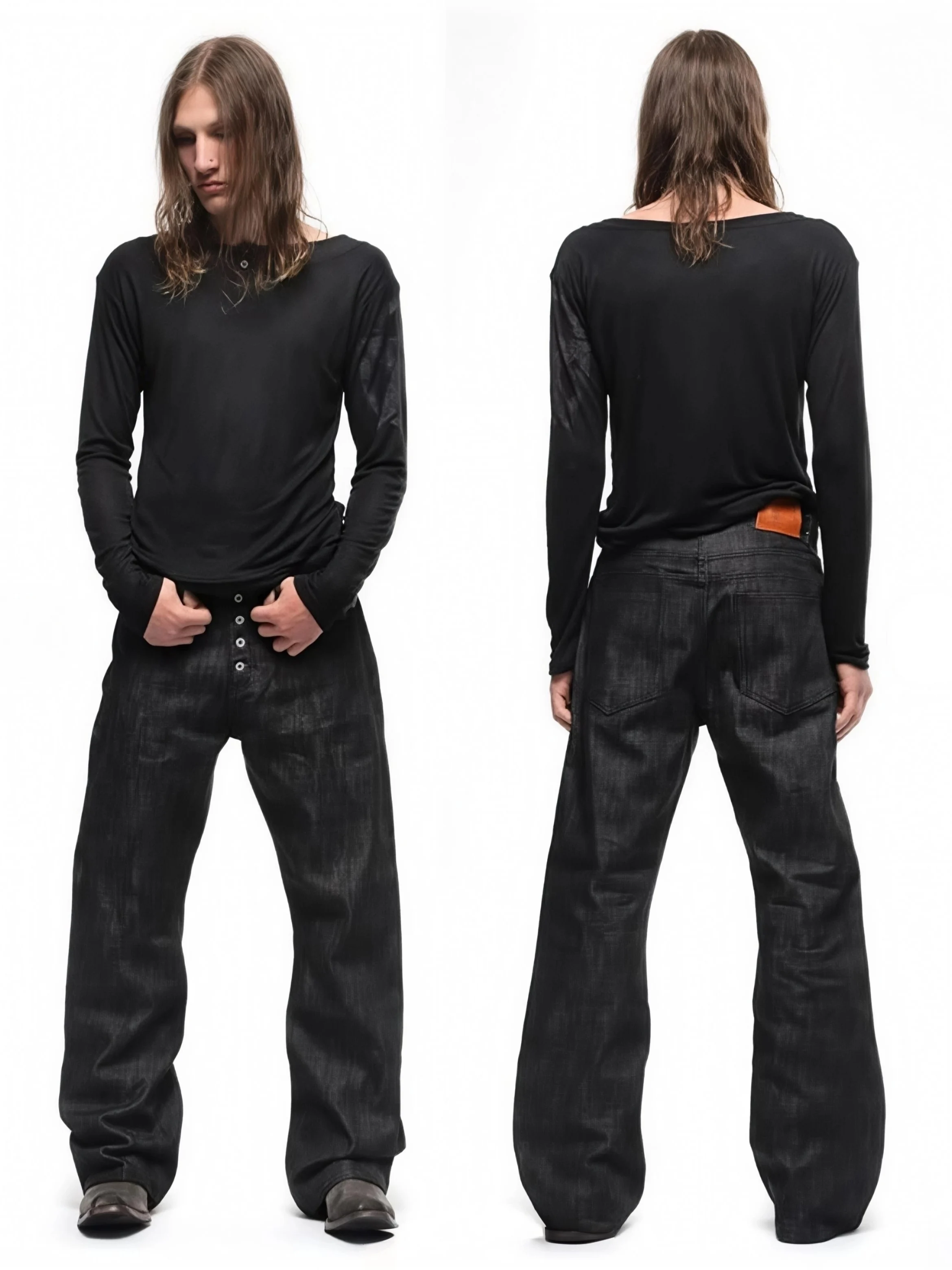 No Faith Studios Bootcut Flare Straight Leg Japanese Denim Original Beefsteak Button Red Men's Jeans Cotton 100%