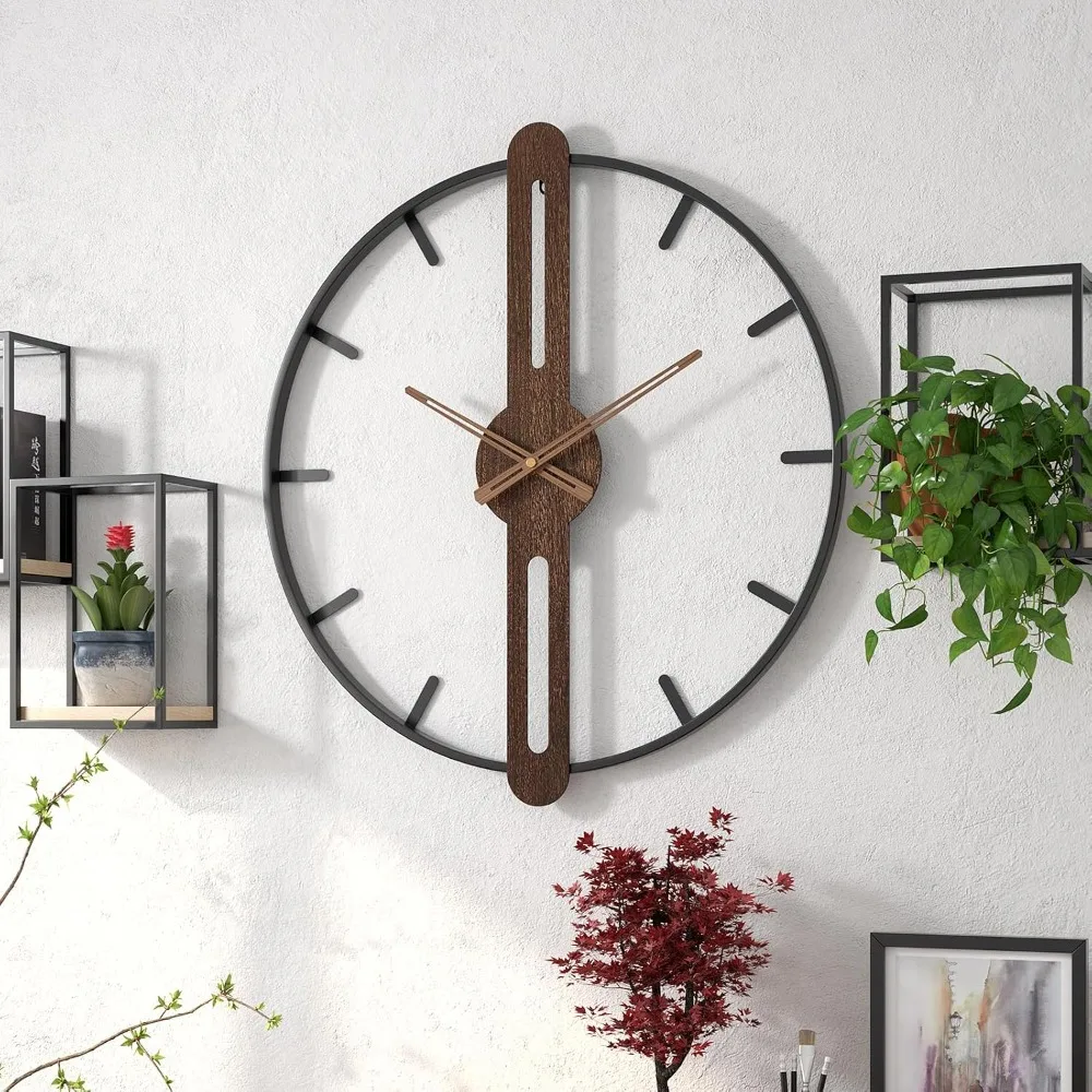 

Modern walnut dial wall clock, wooden large wall clock decorated metal frame silent non ticking, handmade home gift ideas