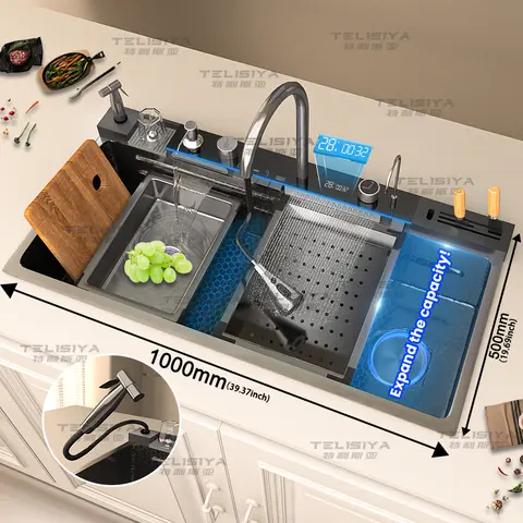 गोल्डन स्टेनलेस स्टील वाटरफॉल किचन सिंक मल्टीफंक्शनल बड़ा सिंगल स्लॉट डिजिटल डिस्प्ले डिशवॉशिंग सिंक 10 best sales काउंटर सिंक - №5