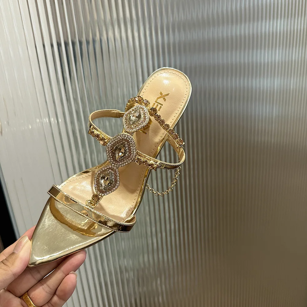 

Runway Fashion Women's Gold Pointed Toe Rhinestone Crystal Buckle Ankle Strap Elegant Banquet High Heel Sandals Zapatos De Mujer