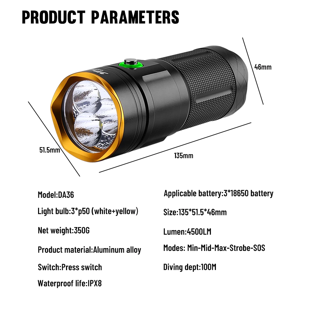 Asafee XHP50 LED Torch 4500LM White+Yellow SOS Light 100M Underwater Diving Flashlight IPX8 Waterproof Lamp Dive Lantern