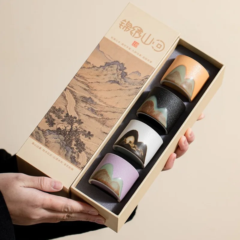 

1set Handdrawn Mountain Tea Cup Japanese Coarse Pottery Master Cup Meditation Cup Chazhan Set of Cups Water Jug Gift Box Set