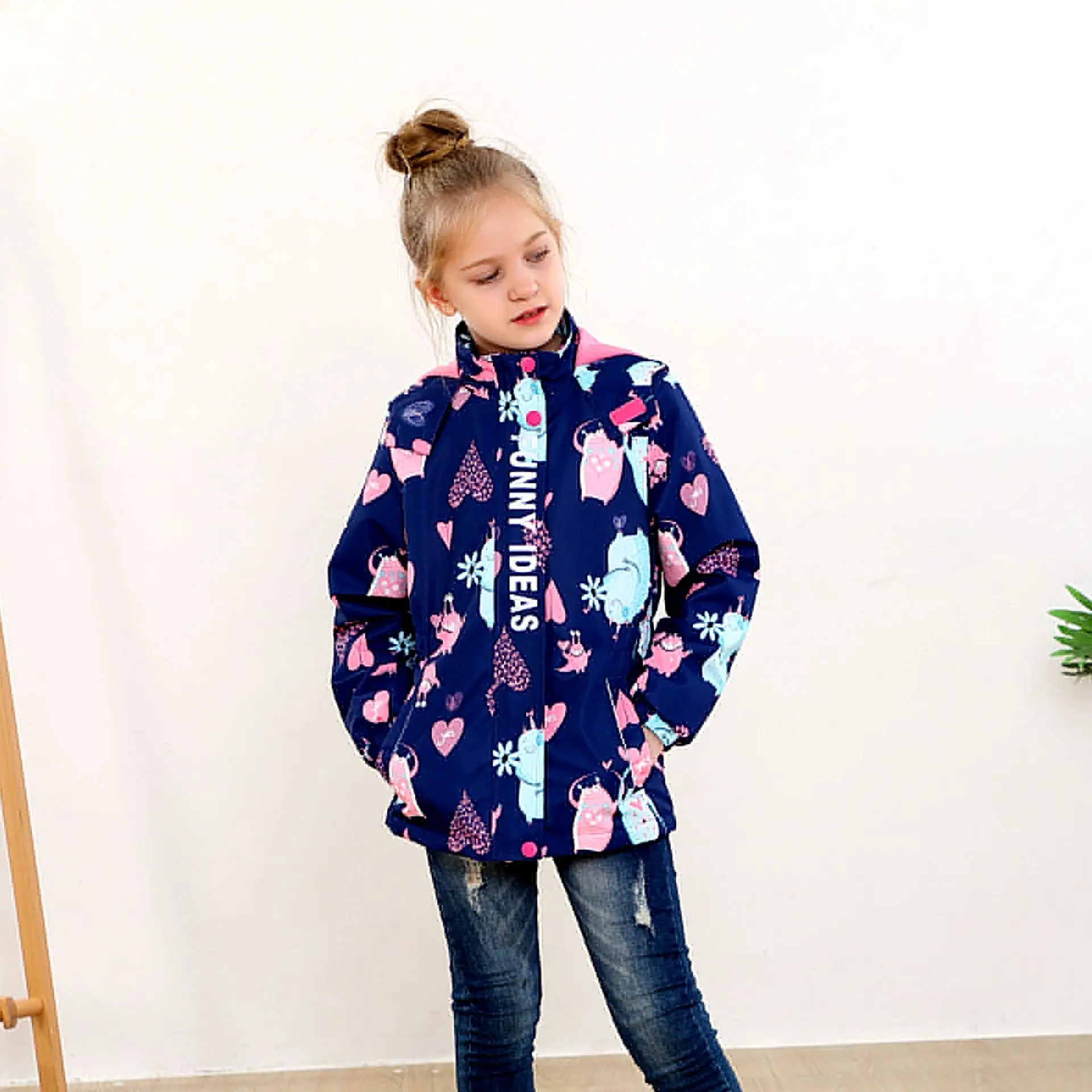 Girls Stylish Splash Inked Fleece-lined Jacket With A Hood, Casual Outdoor Windbreaker Jacket