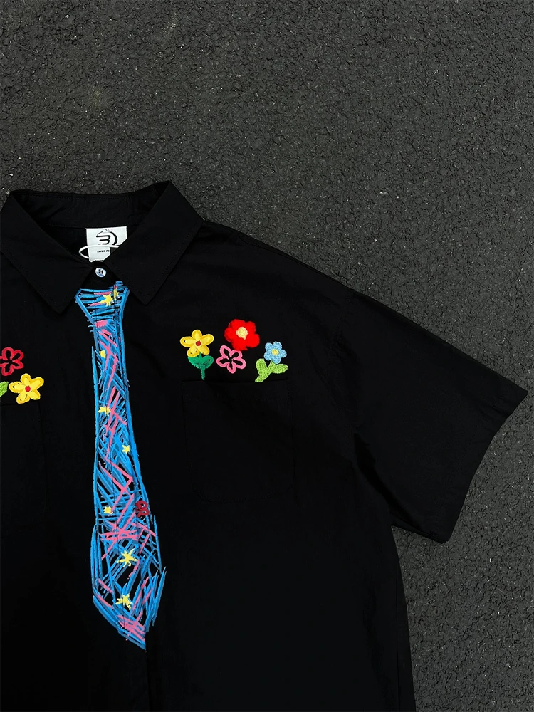 

Doodle Tie Print Shirt Short Sleeve Men's Summer High Street Design College Style Small Audience Top Loose Fit Youth Trend