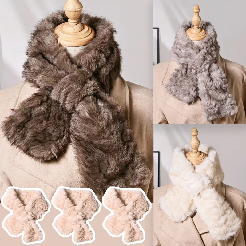 

Winter Faux Rabbit Fur Cross Warm Collar Scarf Women's Thick Solid Color Luxury Elegant Outdoor Scarf For Cycling And Walking