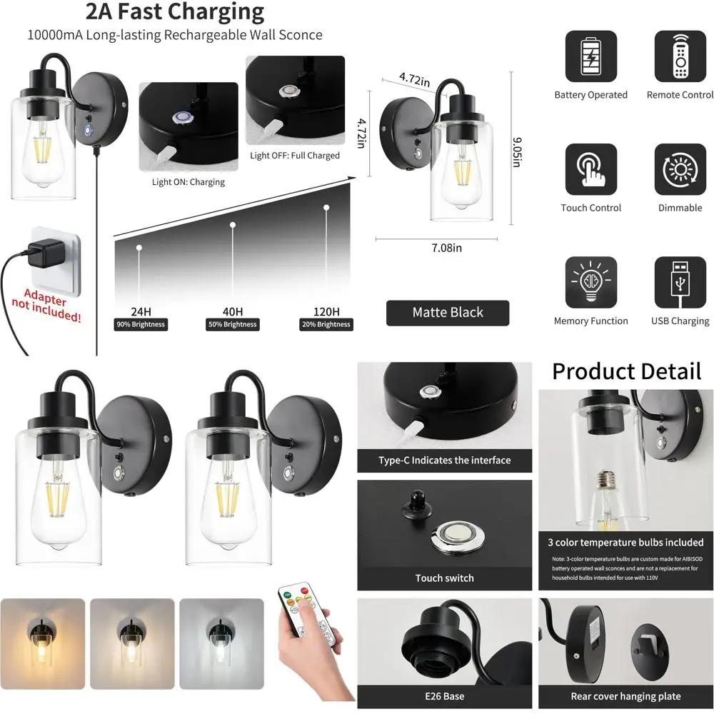 Set 2 Lampu Dinding LED Hitam Bertenaga Baterai dengan Remote, Bohlam 3 Suhu Warna, Lampu Dinding Tanpa Kabel yang Dapat Diredupkan untuk Rumah D