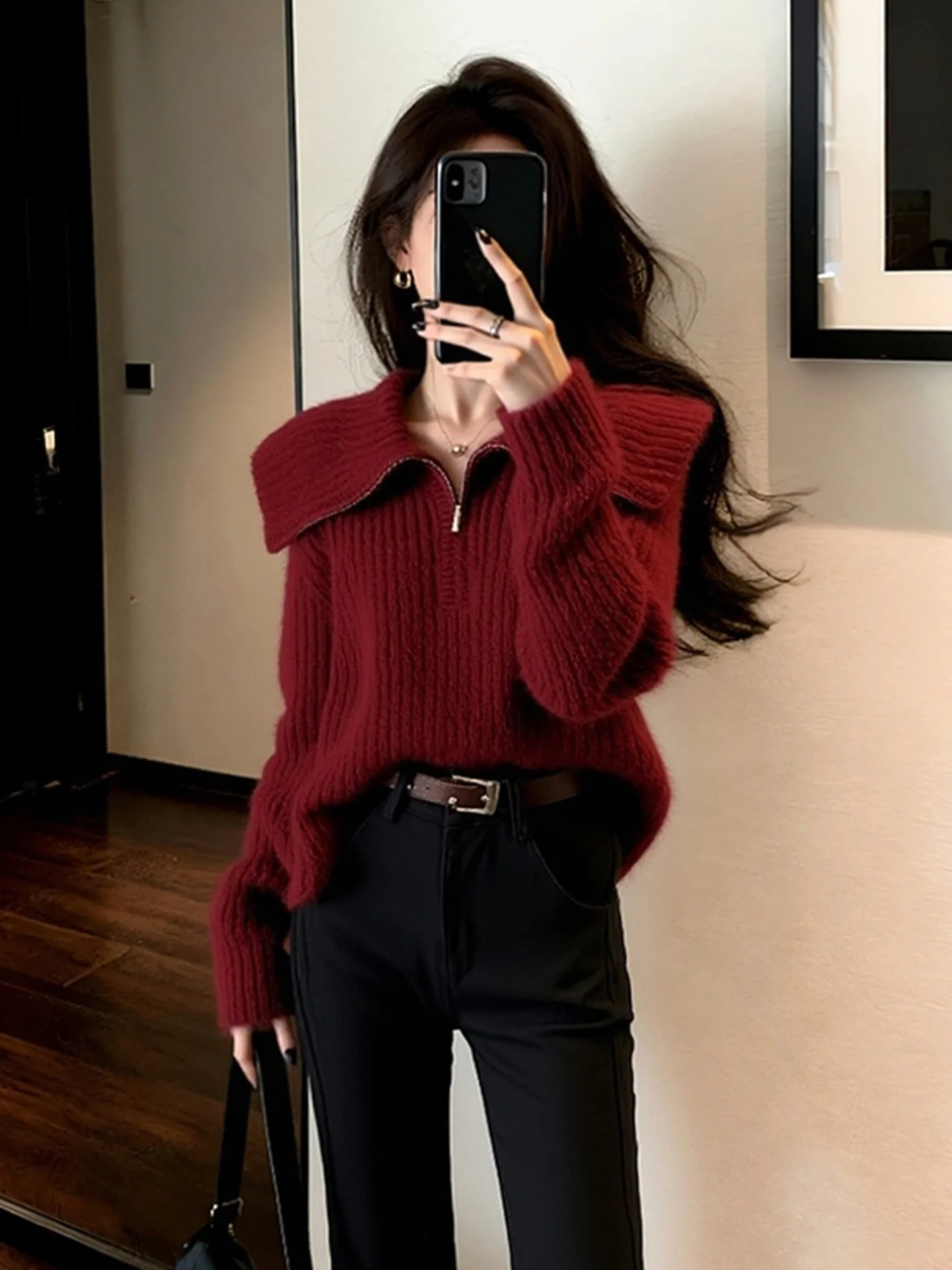 

Высококачественный европейский красный вязаный свитер свободного кроя, утепленный, зимний, модный, женский, теплый, термо, с длинными рукавами