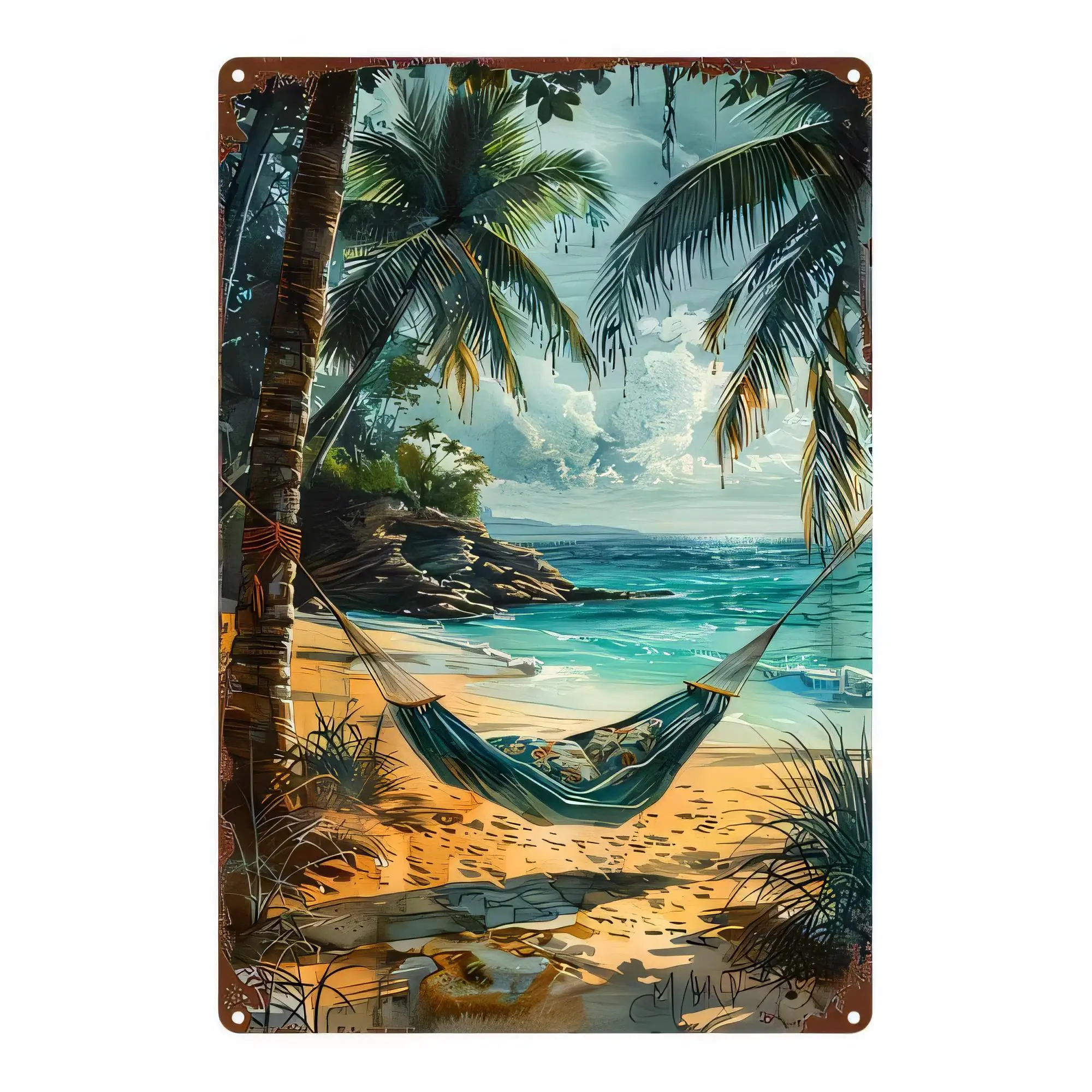 Tin Sign Rustic Tropical Beach Hammock Ocean Tree Wall Art Metal Poster Plaque Home Bar Cafe Decor   Vintage Style Decorative Pa