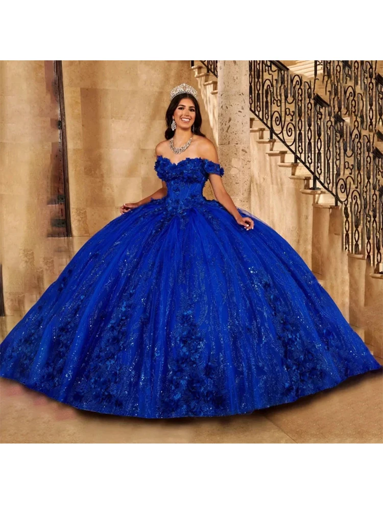 Custom Made Royal Blue Quinceanera Dresses Sequined Handmade 3D Flowers Sweet 16 Dress Ball Gown Lace Up vestidos de 15