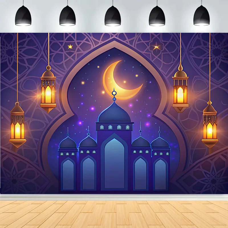 

Ramadan Shiny Golden Crescent Moon Lanterns Background Eid Mubarak Arabic Islamic Mosque Palace Photography Backdrops MO-04