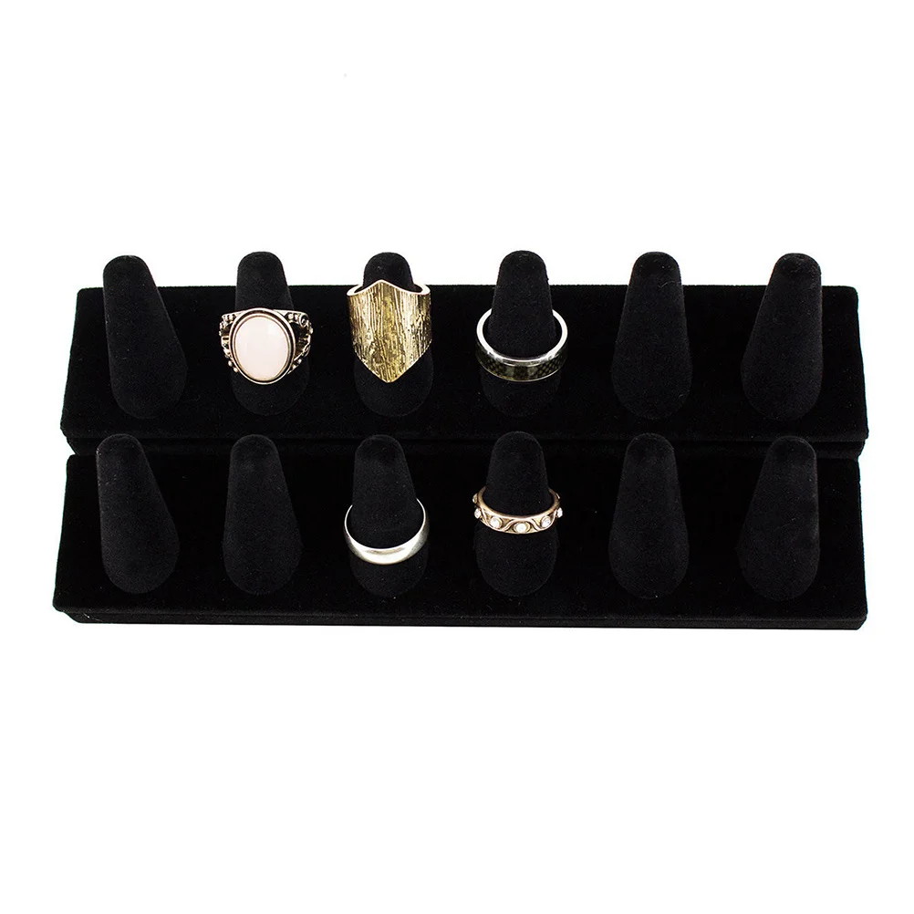 

12 Finger Black Flocking Ring Display Showcase Organizer Jewelry Storage Counter Soft Surface Ring Showcase for Retail Home Use