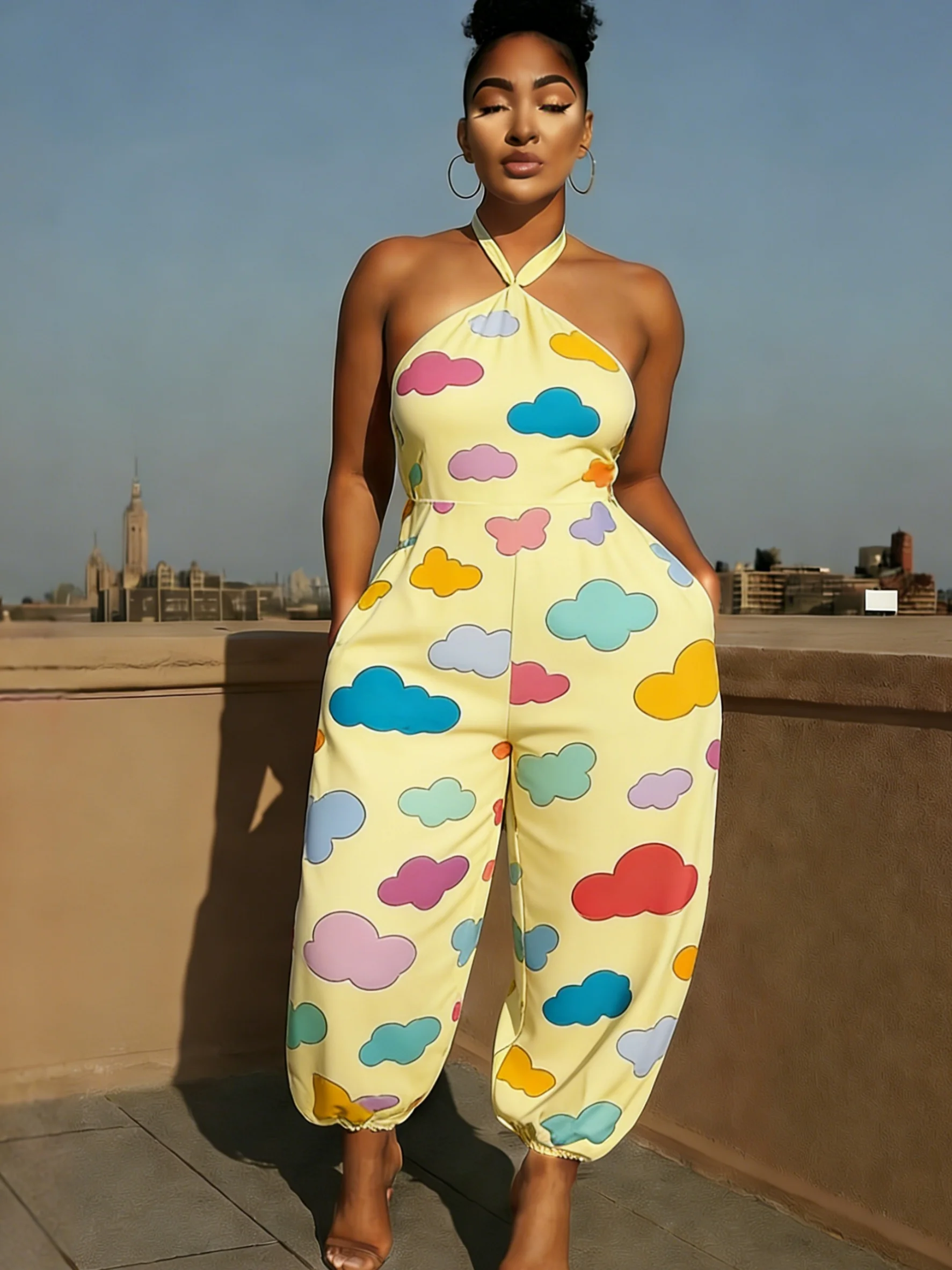 

Women's High Waist Halter Neck Jumpsuit Cute Colorful Cloud Print Sleeveless Casual Daily Vacation Streetwear for Ladies