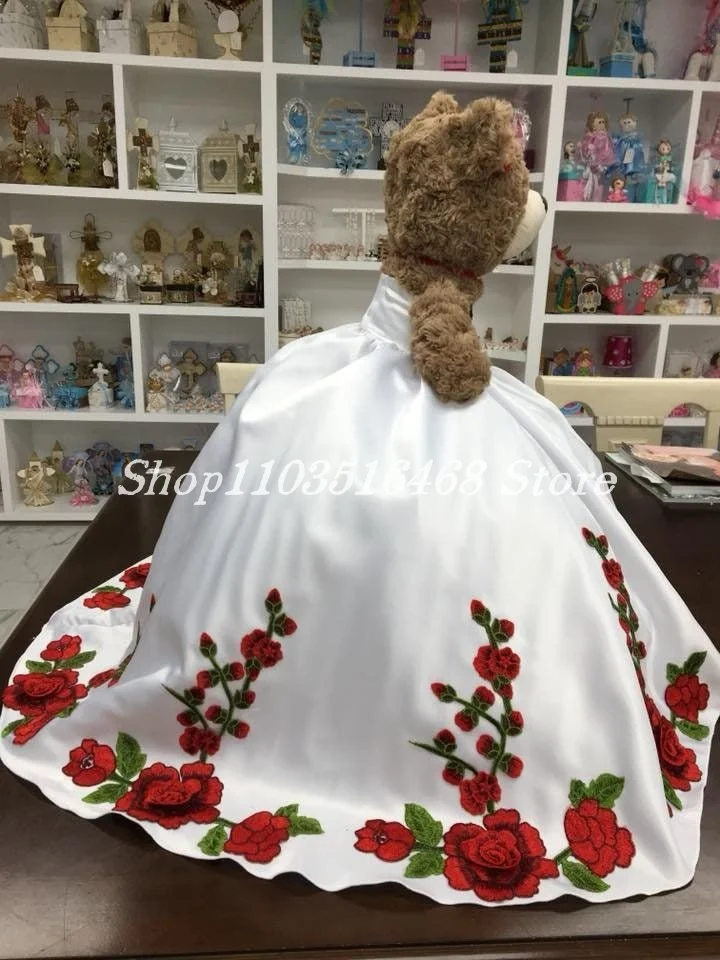 Personalised Quinceanera Teddy Bear Ivory 3D Floral Embroidery Crystal Beads Special Links