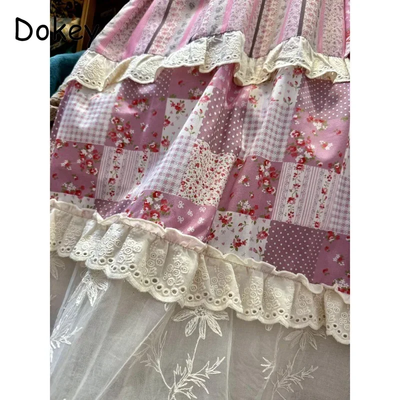 Sweet Lace Ruffled Kawaii Patchwork Dress Women Summer Mori Girl Doll Collar Puff Sleeve Dress Vintage Embroidery A-Line Vestido