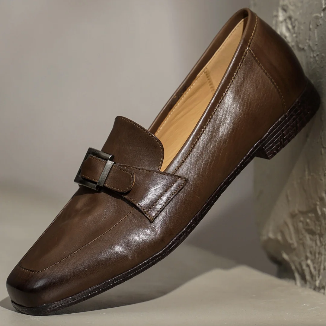 

Women's cow leather square toe metal buckle gradient color retro slip-on flats loafers high quality casual daily moccasins shoes