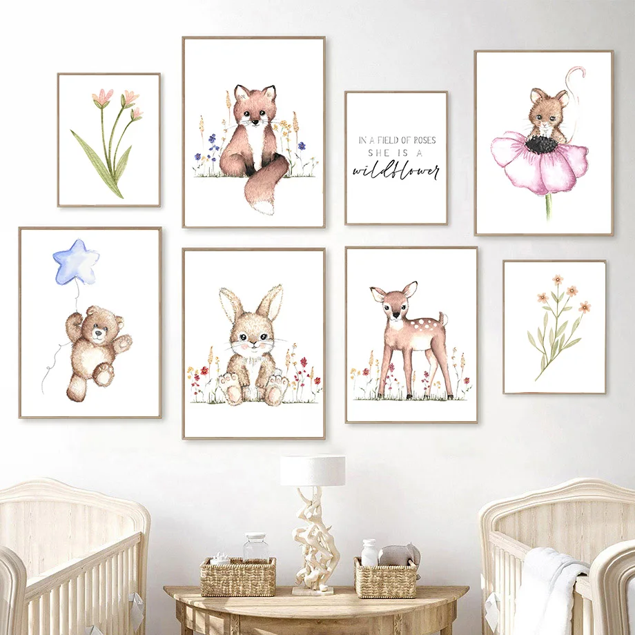 2026 Watercolor Woodland Animal Nursery Wall Art Floral Canvas Prints Fox Bunny Deer Bear Posters Pictures Girls Kids Bedroom De