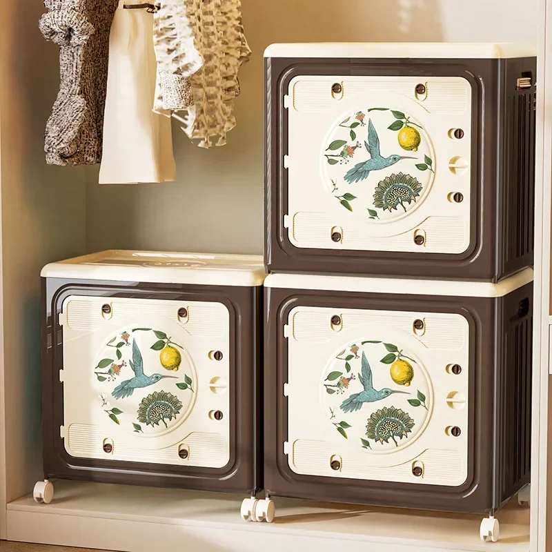 Capa flip estilo antigo na caixa de armazenamento porta dupla caixa de classificação de roupas grande capacidade doméstica com rodas colcha armário