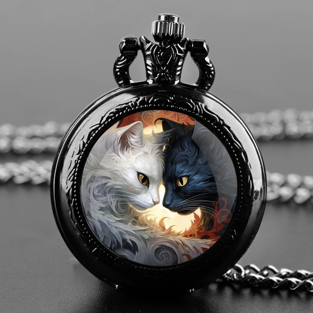 Black White Cats Pattern Glass Dome Arabic Numerals Display Quartz Pocket Watch Vintage Pendant Clock for Men Women with Chain