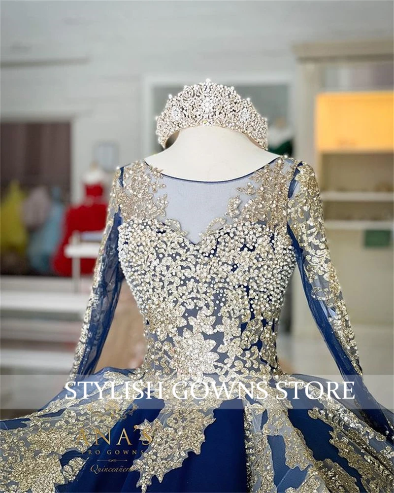 Princess Navy Blue Gold Lace Beaded Pearl Ball Gown Quinceanera Dresses Celebrity Party Prom Gowns Graduation Vestido Customized