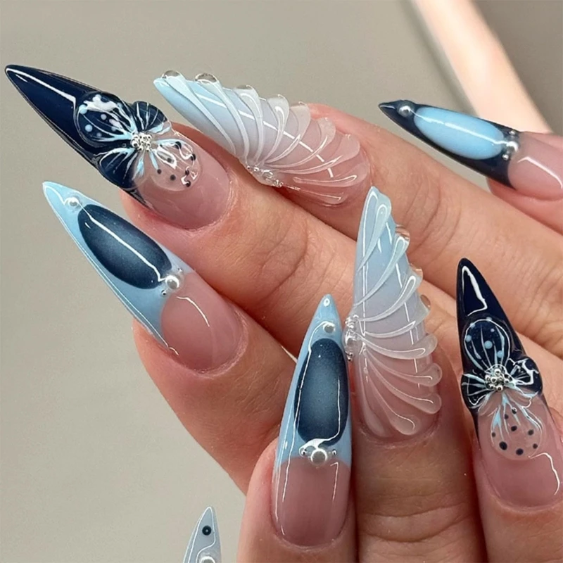 Q1QD 1 faux ongles à fleurs 3D, à pression en amande, artificiels pour femmes