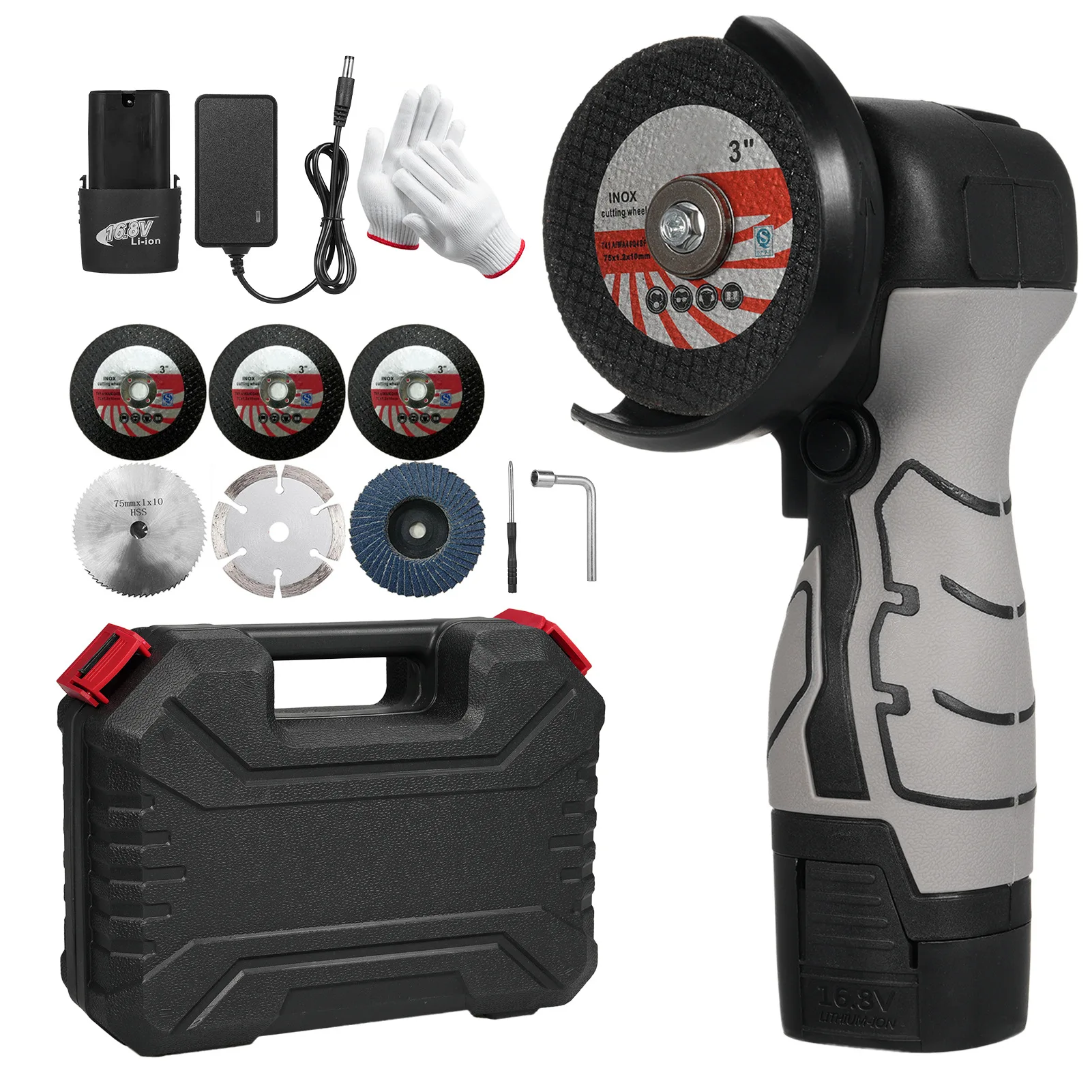 16.8V brush rechargeable angle grinder set with plastic box, lithium battery angle grinder cutting angle grinder