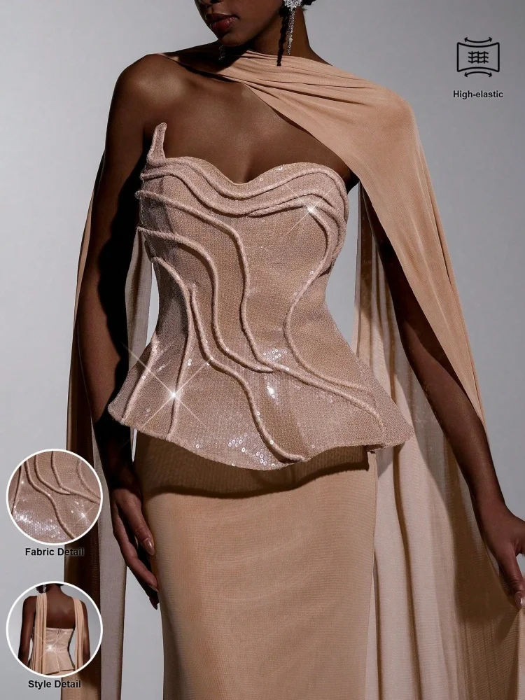 Nude Strapless Wavy Peplum Corset Mermaid Prom Dress Long Sheer Chiffon Cape Train Floor Length Formal Evening Maxi Gown view 6