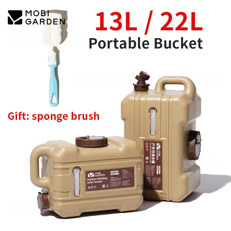 MOBI GARDEN 13L/22L Outdoor Portable Water Tank Bucket Food Grade PE Ultralight With Faucet Camping Travel Gift Sponge Brush Bag