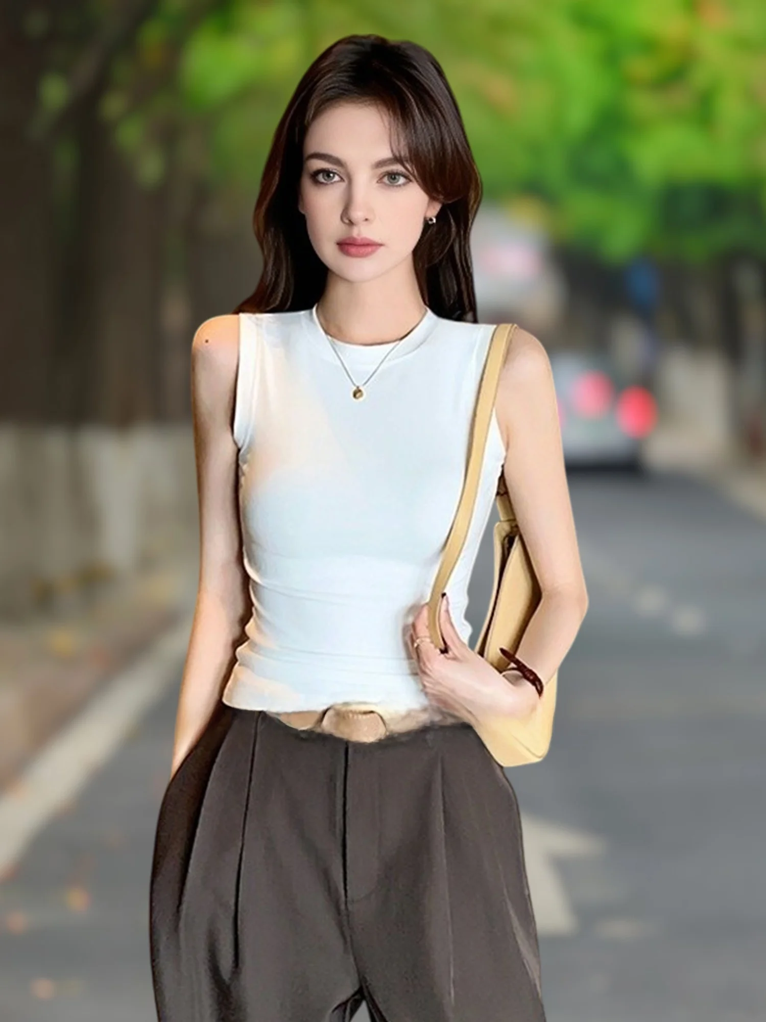 

White Svel round Ne Vest Women's Summer Outerwear Base Layer Top Slim Fit Commute Sle Basic House B0955B5I72