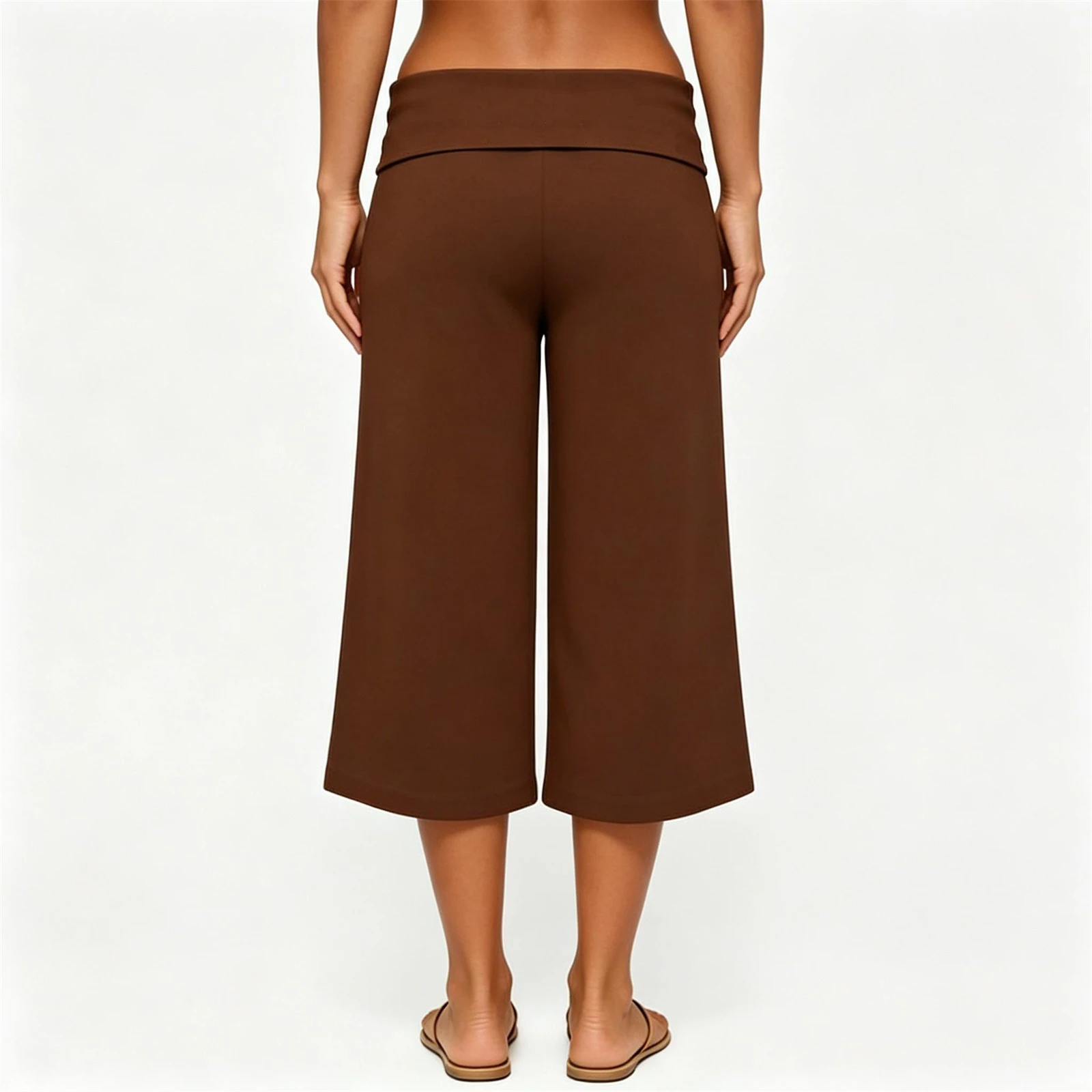 Womens Wide Leg Capris Solid Color Button Decor Fold Over Waist Loose Fit Cropped Trousers Fall Culottes