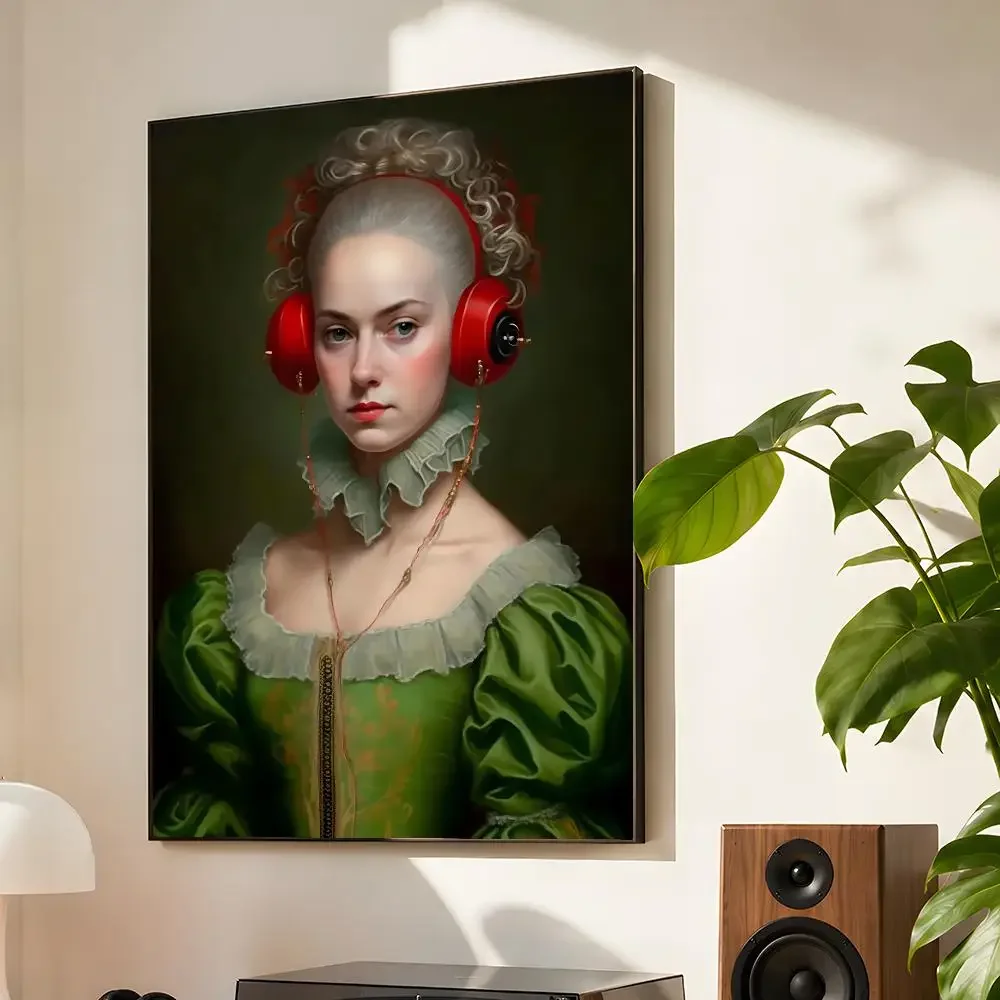 Renaissance Woman Wearing Headphones Figure Vintage Altered Poster Matte Wall Art Waterproof Room Decoration Bedroom